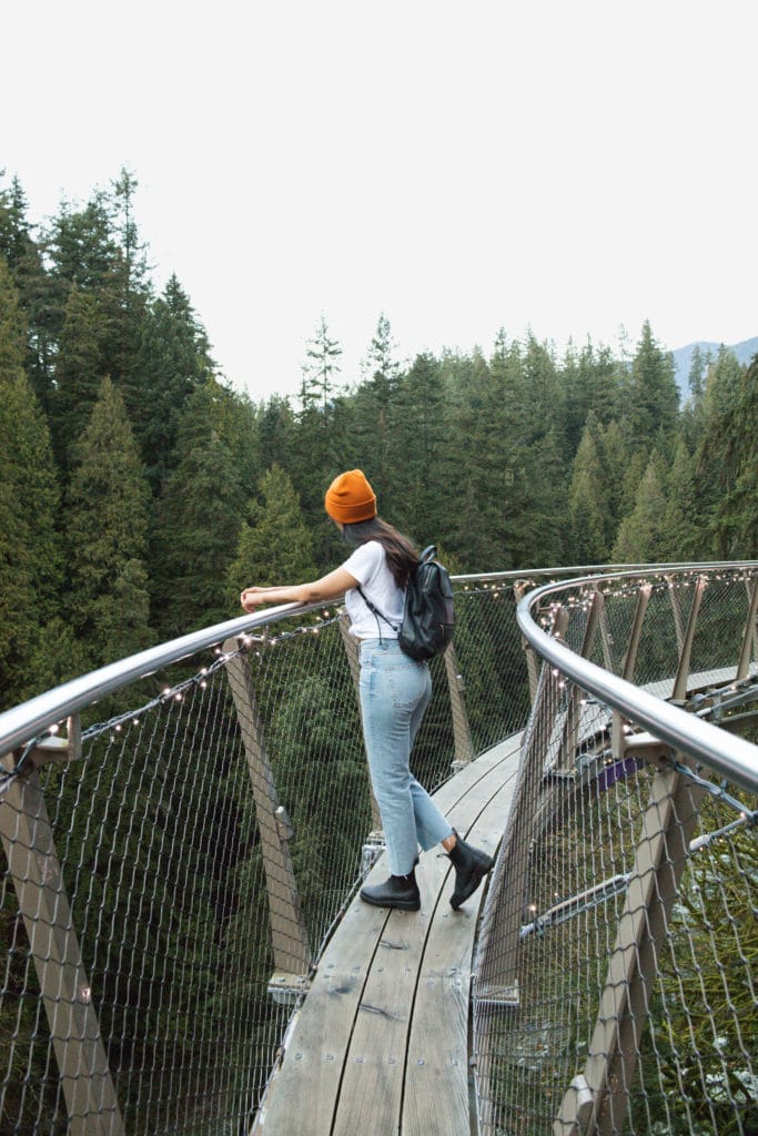 Walking on the cliff walk bridge in Vancouver, British Columbia.  
