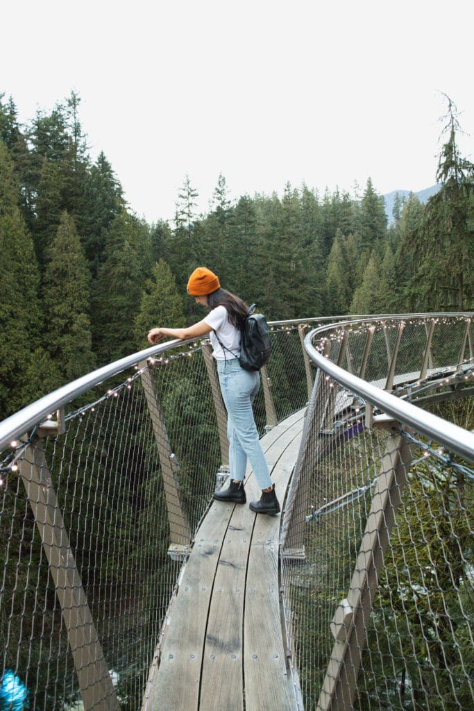 Walking on the cliff walk bridge in the forest in North Vancouver