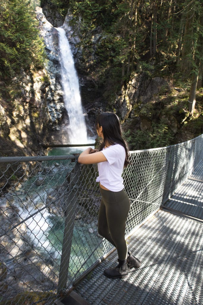 Standing on the suspension bridge at Cascade falls in BC