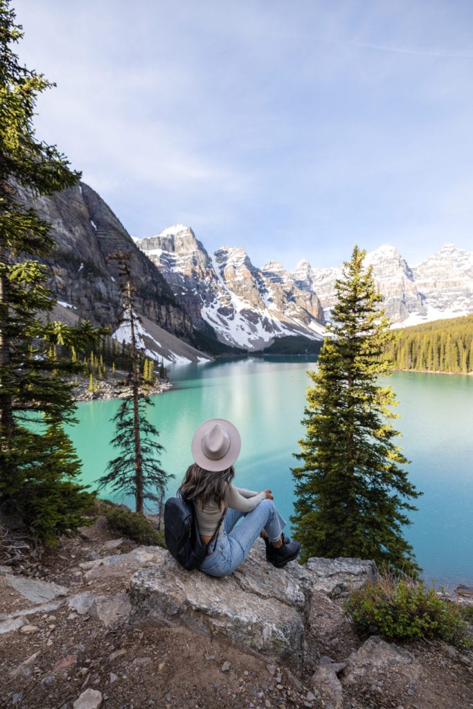 Day 1 on the Banff itinerary is sunrise at Moraine Lake in Alberta, Canada.