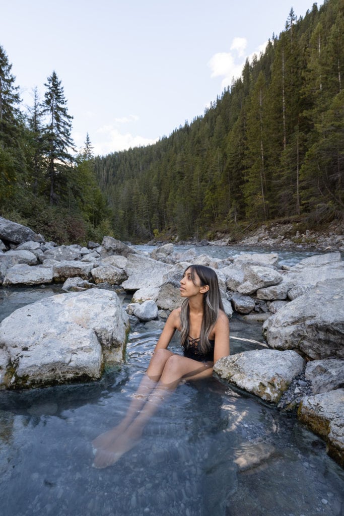 Soaking at Lussier hot springs located in the Canadian Rockies.